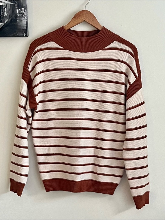 Pink Martini Sweaters - Pink Martini Oversized Burgundy & Cream Striped Knit Sweater XS PTP 21 inch